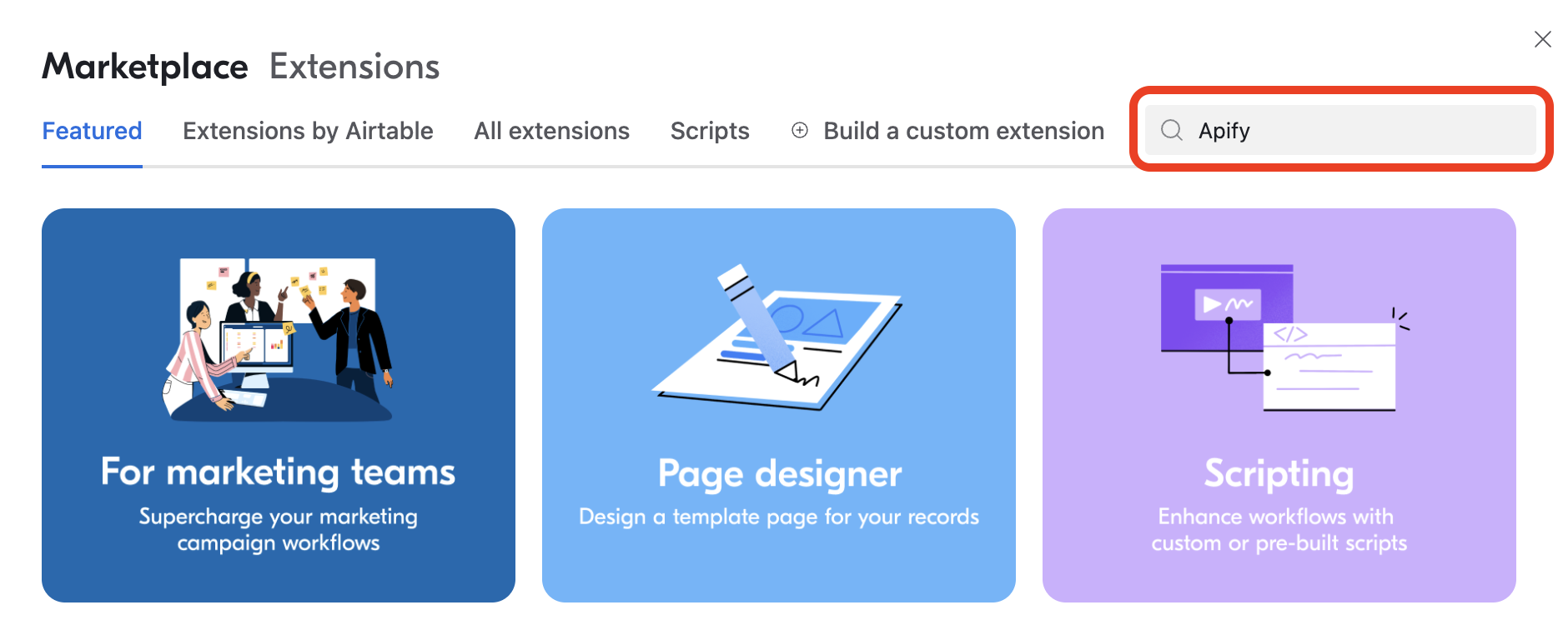 Search for the Apify extension on Airtable